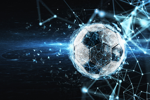 Soccer ball with digital internet network effect. Concept of digital bet